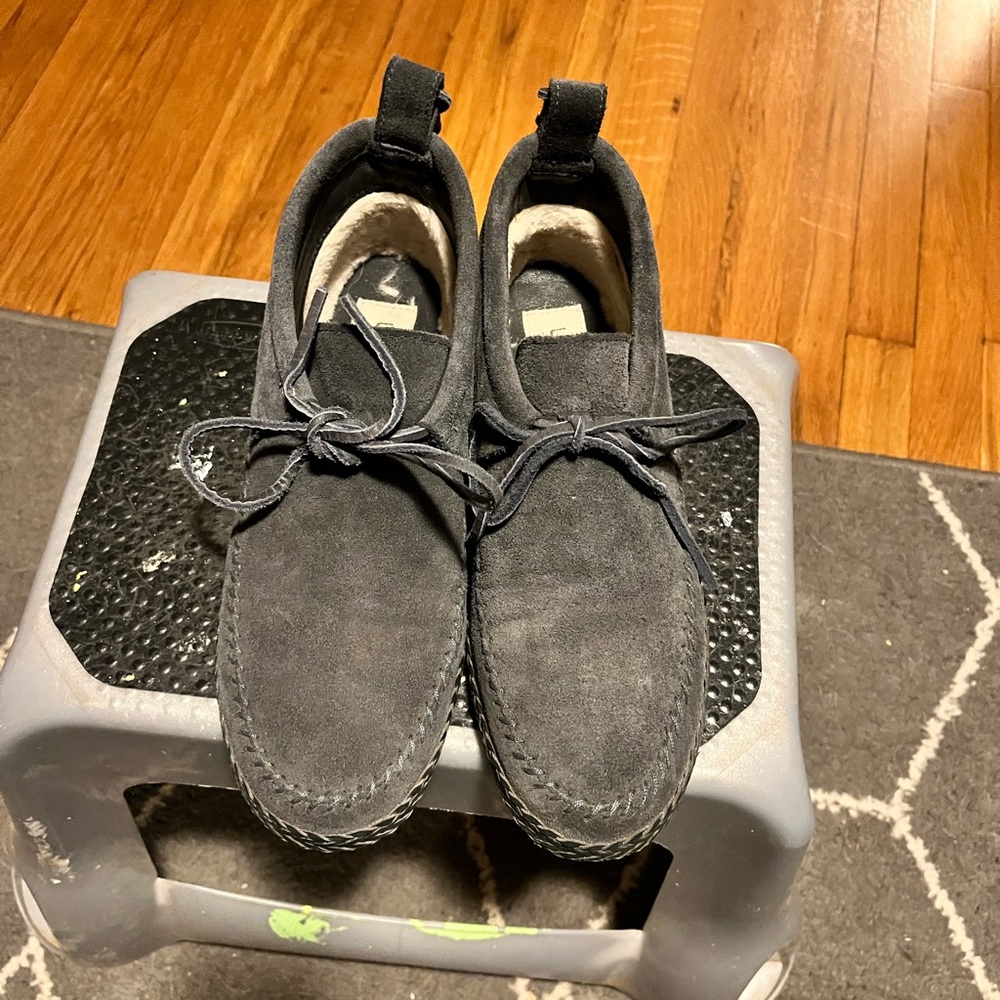 Uggs moccasin style booties. Between a navy and a dark gray.